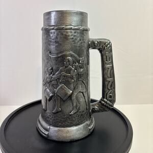 Faux Pewter Silver Mug with Intricate Early America Historical Design